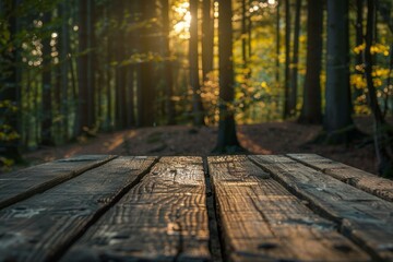 Poster - Scenic view of sunbeams through trees with a rustic wooden foreground