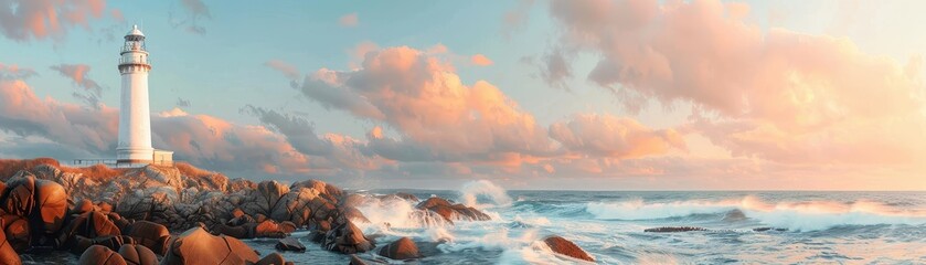 Poster - A lighthouse is on a rocky shoreline with a calm ocean in the background. The lighthouse is white and red, and it is lit up