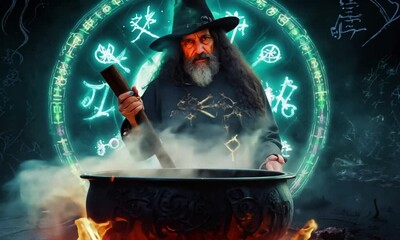 Wall Mural - A man is stirring a cauldron of boiling water. The cauldron is black and has a design on it. The scene is set in a dark, mysterious atmosphere 4K Video