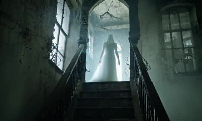 Canvas Print - A woman in a white dress is seen flying through a dark hallway. Scene is eerie and unsettling, as the woman is in a ghostly state 4K Video