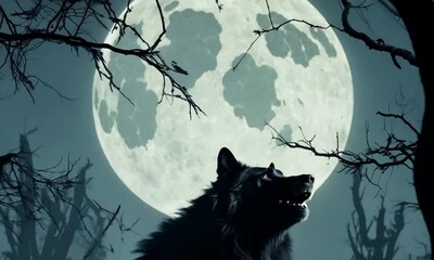 Wall Mural - A black wolf is standing in front of a full moon. The wolf is looking up at the moon and he is howling. The image has a dark and mysterious mood, with the moon casting 4K Video