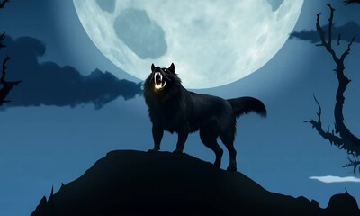 Canvas Print - A black dog is standing on a hill in front of a large moon. The dog is barking and he is very alert. The scene has a dark and mysterious mood, with the moon Video