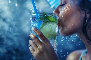 Young woman enjoying a mojito amidst a sparkling rain, capturing a blend of relaxation and nature