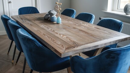 Wall Mural - Scandinavian Inspired Wooden Dining Table with Indigo Velvet Chairs