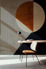 Wall Mural - A black and white striped wall with a colorful painting on it. A desk with a chair and a lamp