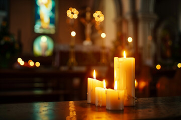 Candles in a church in copy space symbolizing Christian faith and prayerful worship