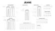 © Vectoressa - Set of Jeans Pants details - Measurement, Length, Waistline, Belt Loops, Darts Yokes Silhouette and Pockets styles technical fashion illustration. Flat apparel template. Women, men CAD mockup isolated