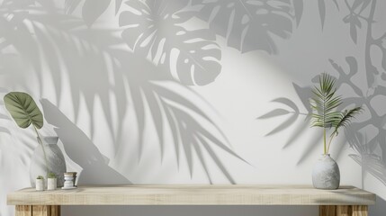 Wall Mural - Tropical Grey Summer Silhouette Leaves on Table in Studio Room, Empty Shelf Design.