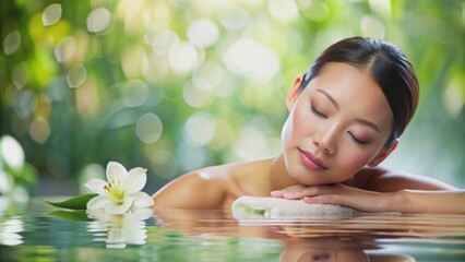 A serene Asian woman with flawless skin enjoying a spa treatment, serene, Asian, beauty, flawless, skin, spa