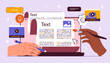 © 100% HAND-CRAFTED - Team of copywriters. Hands with brush and pencil near website page. Editors create articles and interesting content for webpage. Creative bloggers or freelancers. Flat vector illustration