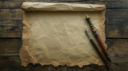 Paper with writing tools on wooden surface