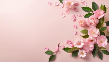 Wall Mural - pink flowers and green leaves arranged on a light pink background with scattered petals flat lay composition with copy space springtime and floral design concept generative ai