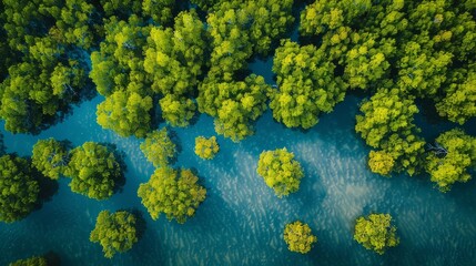 Poster - Aerial top view of green mangrove forest. Mangrove ecosystem. Natural carbon sinks. Mangroves capture CO2 from the atmosphere. Blue carbon ecosystems. Mangroves absorb carbon dioxide emissions