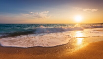 beautiful sea side summer beach in sunrise lights waves beach coast line nature in sunlight ocean sunset landscape vacation happiness concept slow motion