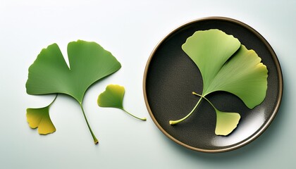 Sticker - leaves of the ginkgo biloba or ginko tree view from above selected leaves on a table and on a dish prepared for further use