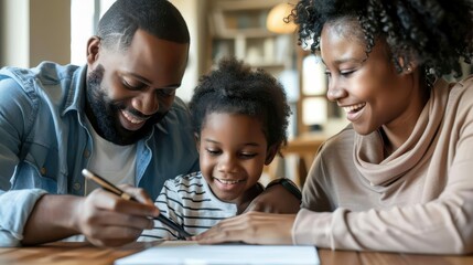 Wall Mural - joyful family signing real estate contract with smiling agent