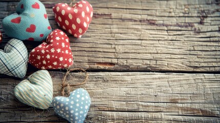 Poster - Fabric heart shapes on wooden table with space for text vintage colored greeting cards background