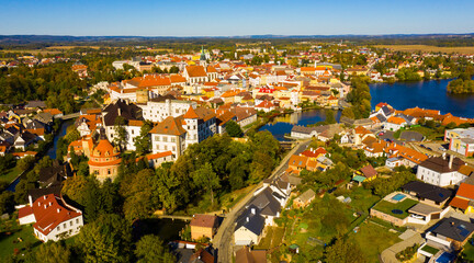 Wall Mural - Aerial view of old town of Jindrichuv Hradec on Nezarka river with medieval Castle on fall day, Czech Republic