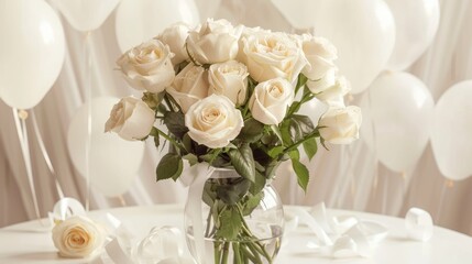 Wall Mural - Elegant white roses in glass vase on white backdrop. Flowers with ribbon on round table with white balloons. Floral composition. Hybrid tea roses