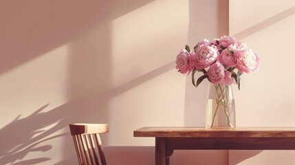 Sticker - Elegant home office: Beige wall mockup, wooden table, chair, glass vase with pink peonies. Interior still life.