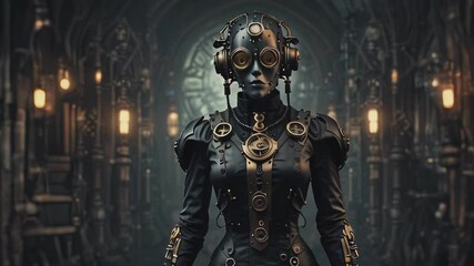 A steampunk robot woman walking in a dark industrial setting, wearing a black and gold outfit with goggles and a clockwork necklace. The background is blurry, with lights and machinery out of focus