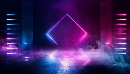 neon abstract scene background with smoke concrete reflection