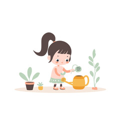 Wall Mural - An Illustration Depicts A Little Girl Watering Plants, Cartoon Illustration