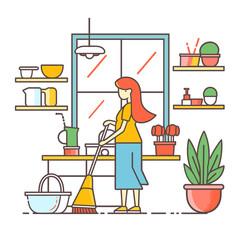 Wall Mural - An Illustration Of A Woman Cleaning House In A Cartoon Style, Cartoon Illustration