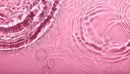 Wall Mural - closeup of pink transparent clear calm water surface texture with splashes and bubbles trendy abstract summer nature background wildberry colored waves in sunlight