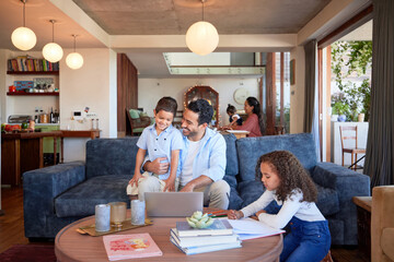 Poster - Dad, laptop and kid on couch for e learning, streaming and online or video for education. Children, father or girl and technology in lounge or home for teaching, studying or happy together in morning