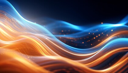 Wall Mural - digital illustration of flowing abstract waves with a gradient of blue to orange colors and sparkling lights