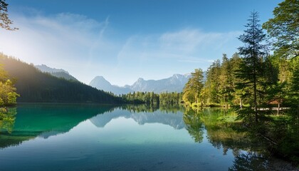 painterly lake scenery in germany with mountains reflected in the teal water and a beautiful ray of morning sunlight illuminating some trees