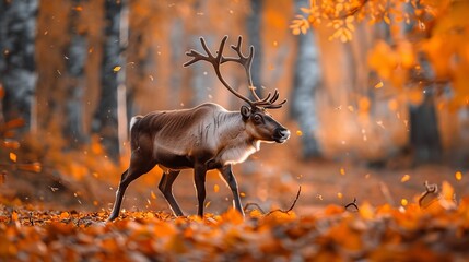 Wall Mural - Reindeer gracefully strolling through an autumnal forest filled with orange leaves, showcasing the harmony and beauty of wildlife and nature during the fall season.