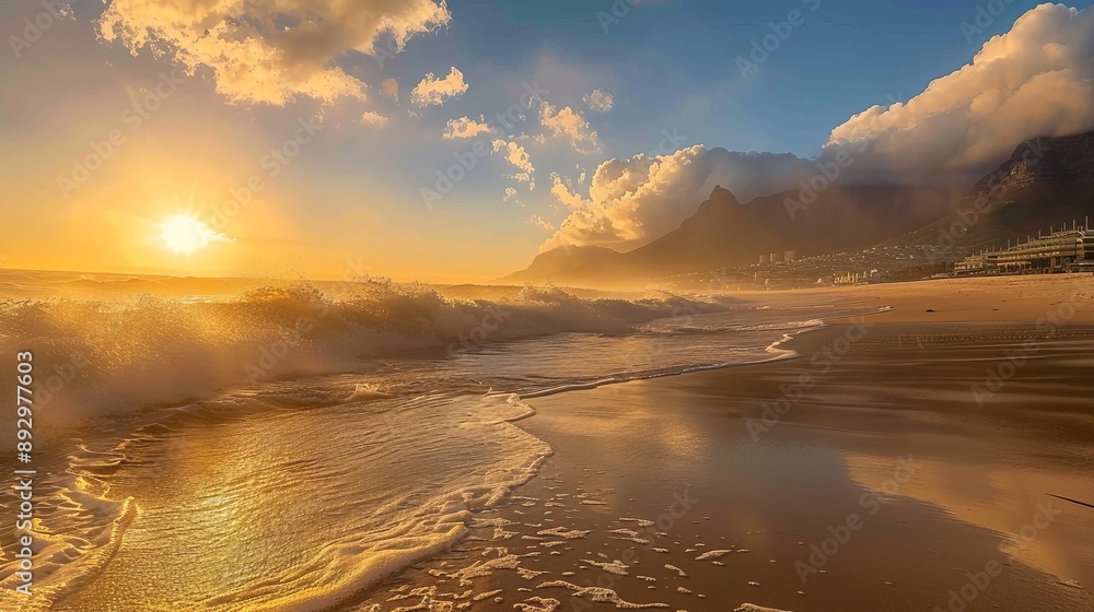 A stunning sunset over a tranquil beach with gentle waves, mountains ...