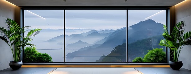 Wall Mural - close-up of bedroom windows showing green plants and dark gray mountain tapestry, ceiling lights in 