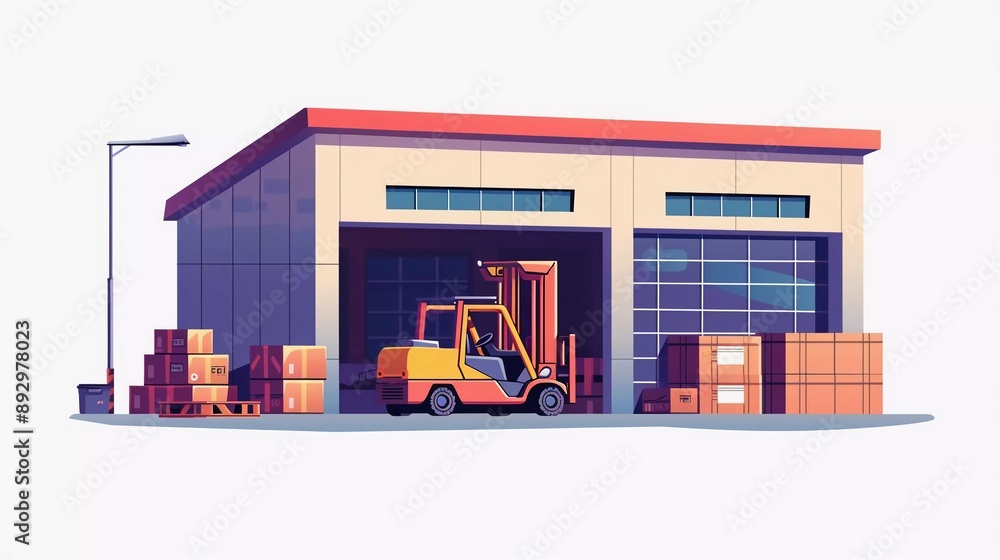 Warehouse building, industrial warehouse, industrial, factory storage. forklift, truck and rack with boxes. Warehouse Management, Logistics Management. Very nice vector illustration