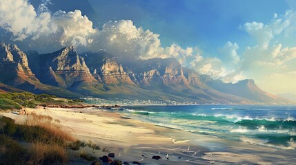 A mesmerizing beach scenery featuring waves gently hitting the sandy shore, with a beautiful backdrop of majestic mountains and a sky filled with fluffy clouds.