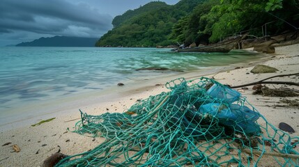 Wall Mural - Discarded fishing net has washed ashore and is lying on the shore. This has globally now become known as ‘Ghost Nets.’ Seemingly harmless, they represent the massive environmental issue that is Global