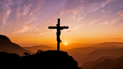 Poster - Christian cross on hill outdoors at sunset. Crucifixion Of Jesus