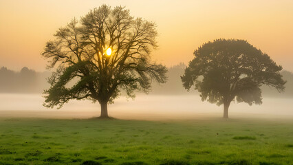 Wall Mural - Beautiful scenery of foggy grassland and trees at sunrise
