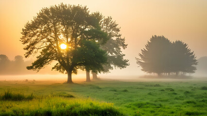 Wall Mural - Beautiful scenery of foggy grassland and trees at sunrise
