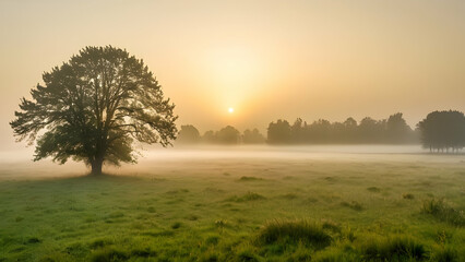 Wall Mural - Beautiful scenery of foggy grassland and trees at sunrise