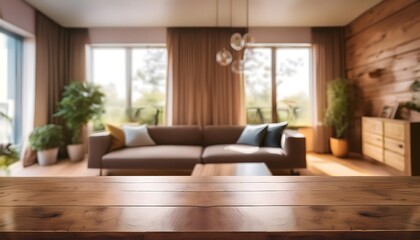 Wall Mural - living room interior design, modern living room with table room with a table, Wood table with blurred modern apartment interior background, modern living room with Empty wooden tabletop with blurred