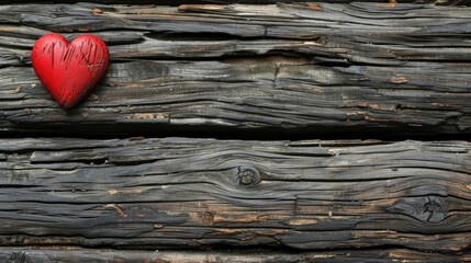 Sticker - Concept of Valentine s Day or Wedding with Red Heart Shape on Old Wooden Background