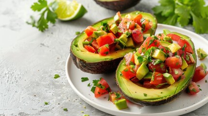 Wall Mural - Fresh avocado halves filled with diced tomatoes, cilantro, and lime