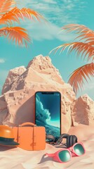 Canvas Print - Flat Isometric composition. Summer vacation on the island. icon representing smartphone on the beach with tourist and travel equipment. Summer with love.