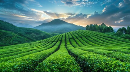 green fresh organic agriculture plantation tea garden field on hill with complex mountains farm in the morning sunrise.