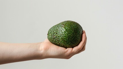 Wall Mural - Hand holding ripe, textured avocado against plain background