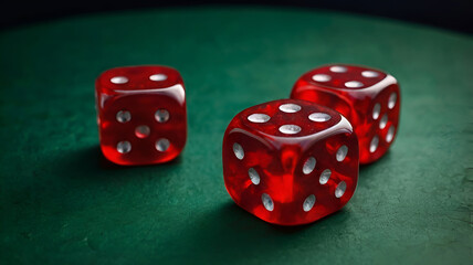 Red dices on green table, 300dpi.