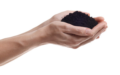 Wall Mural - Woman holding pile of soil on white background, closeup